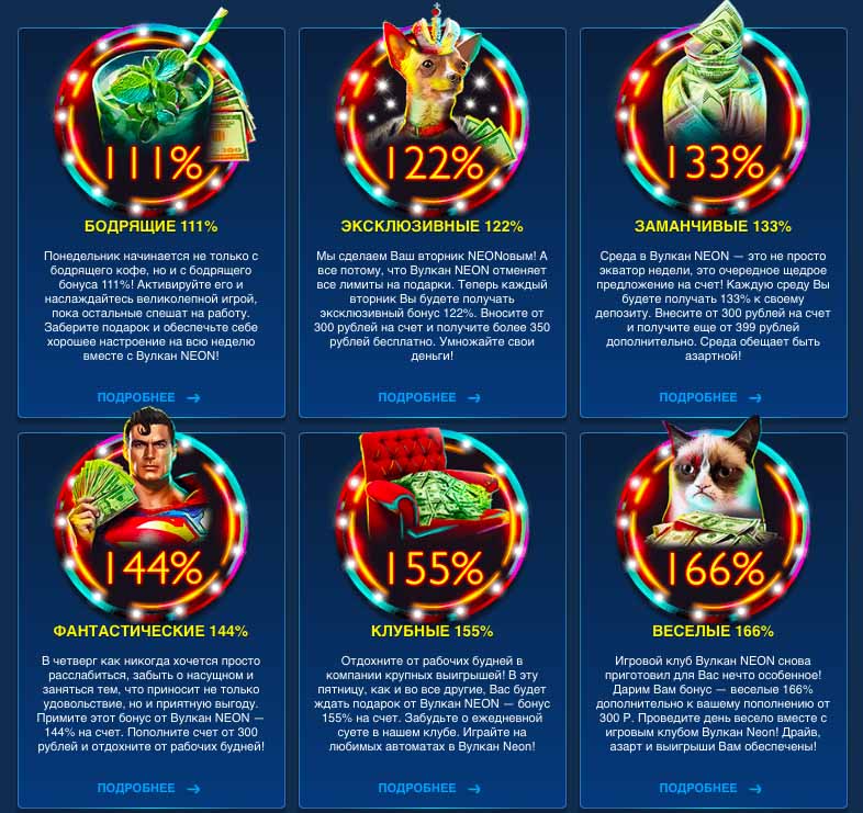 Бонусы в казино Вулкан Неон